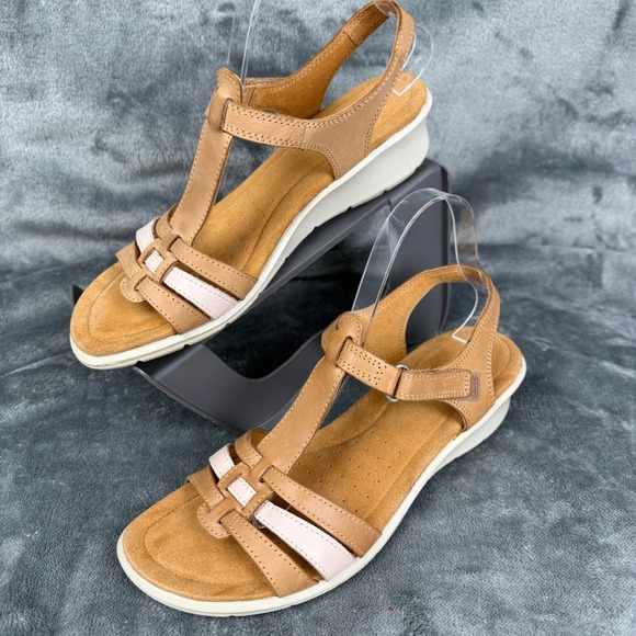 ECCO Tan Leather T-Strap Ankle Strap Wedge Sandals Women\'s Size EU 41 US 10‎